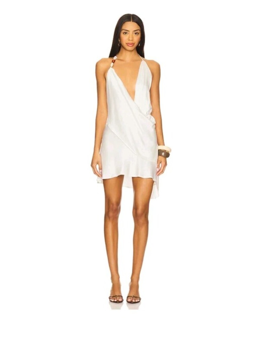 SNDYS Rosita Mini Dress Ivory Size S Beaded Strap Asymmetric Halter Revolve